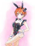  1girl animal_ears black_neckwear bow bowtie breasts bunny_ears bunnysuit character_request cleavage detached_collar fishnets hand_on_hip hand_on_own_thigh hat highres kirara_fantasia looking_to_the_side ma_tsukasa mini_hat orange_hair purple_eyes short_hair small_breasts solo 