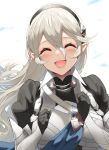  1girl :d ^_^ bangs black_gloves black_hairband black_shirt breastplate breasts closed_eyes corrin_(fire_emblem) corrin_(fire_emblem)_(female) eyebrows_visible_through_hair facing_viewer fire_emblem fire_emblem_fates gloves grey_hair hair_between_eyes hairband hands_up highres long_hair looking_at_viewer medium_breasts open_mouth pointy_ears puffy_sleeves shirt simple_background smile solo upper_body very_long_hair white_background yappen 