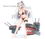  1girl absurdres azur_lane bangs bare_legs bare_shoulders barefoot bikini black_bikini black_choker black_ribbon breasts cannon character_name choker cleavage collarbone eyebrows_visible_through_hair finger_to_mouth flag_print full_body german_flag_bikini hair_between_eyes hair_ribbon hand_on_hip highres j_yak47 large_breasts long_hair looking_at_viewer multicolored_hair navel orange_eyes prinz_eugen_(azur_lane) prinz_eugen_(unfading_smile)_(azur_lane) red_hair ribbon rigging silver_hair solo standing stomach streaked_hair swimsuit thigh_strap triangle turret two-tone_hair two_side_up very_long_hair white_background 