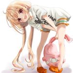  1girl bangs bent_over blonde_hair clothes_writing commentary_request eyebrows_visible_through_hair futaba_anzu highres holding holding_stuffed_animal idolmaster idolmaster_cinderella_girls long_hair looking_at_viewer low_twintails open_mouth orange_footwear pink_eyes rino_cnc shirt short_sleeves simple_background smile solo standing stuffed_animal stuffed_bunny stuffed_toy t-shirt twintails white_background you_work_you_lose 