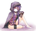  1girl breasts brown_gloves character_request gloves hand_on_own_knee hood kirara_fantasia ma_tsukasa purple_hair red_eyes sitting small_breasts solo thigh_strap 