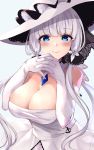  1girl absurdres azur_lane bangs bare_shoulders blue_background blue_eyes blunt_bangs blush breasts cleavage closed_mouth commentary_request cowboy_shot detached_collar dress elbow_gloves eyebrows_visible_through_hair gem gloves hat highres illustrious_(azur_lane) large_breasts looking_at_viewer low_twintails mole mole_under_eye own_hands_together sapphire_(gemstone) silver_hair simple_background smile solo strapless strapless_dress sun_hat twintails wee white_dress white_gloves white_headwear 