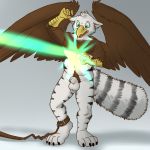  1:1 aggrobadger animal_genitalia anklet anthro beak black_stripes brown_body brown_feathers brown_fur energy_beam feathers fur genitals green_eyes grpyhon jewelry light_beam male sheath solo stripes talons white_body white_fur wings 