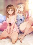  2girls atelier_(series) atelier_ryza atelier_ryza_2 bare_arms bare_legs bare_shoulders barefoot blonde_hair breasts brown_eyes brown_hair chemise cleavage collarbone highres klaudia_valentz large_breasts long_hair looking_at_viewer medium_hair multiple_girls official_art on_bed panties pillow reisalin_stout sample see-through seiza side-tie_panties sitting spaghetti_strap thick_thighs thighs toes toridamono underwear yellow_eyes 