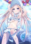  1girl abigail_williams_(fate/grand_order) abigail_williams_(swimsuit) absurdres armpits arms_up bangs bare_shoulders bikini blonde_hair blue_eyes blush bonnet bow braid breasts fate/grand_order fate_(series) forehead grin hair_bow hair_rings highres innertube jellyfish keyhole long_hair looking_at_viewer navel parted_bangs pillow_(blackpirou) sidelocks small_breasts smile swimming swimsuit thighs twin_braids twintails underwater white_bikini white_bow white_headwear 