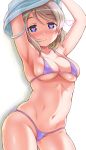  1girl armpits arms_up bangs bikini blue_eyes blush breasts brown_hair changing_clothes cleavage closed_mouth commentary_request contrapposto cowboy_shot curvy eyebrows_visible_through_hair gonta_(gshoutai) grey_hair groin halterneck heart heart-shaped_pupils highres hip_bones lipstick looking_at_viewer love_live! love_live!_sunshine!! makeup micro_bikini narrow_waist navel purple_bikini purple_swimsuit raised_eyebrows ribs short_hair silhouette simple_background skindentation smile solo stomach string_bikini swept_bangs swimsuit symbol-shaped_pupils underboob undressing watanabe_you white_background wide_hips 
