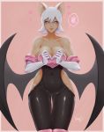  1girl animal_ears bare_shoulders bat_ears bat_girl bat_wings blue_eyes boots breasts dark_skin elbow_gloves gloves hair_between_eyes heart highres humanization knee_boots kumanz latex leotard navel pink_background rouge_the_bat sonic_the_hedgehog spoken_squiggle squiggle thighs white_gloves white_hair white_legwear wings 