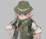  1girl armband brown_hair closed_eyes dress expressionless f1_(girls_frontline) fingerless_gloves girls_frontline gloves green_dress green_gloves green_headwear grey_background hat highres holding holding_grenade purple_eyes rampart1028 shemagh shirt simple_background solo twintails upper_body white_shirt 
