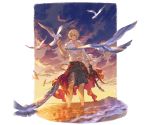  1boy abs albert_(shingeki_no_bahamut) animal_on_arm bird bird_on_arm blonde_hair cloud cloudy_sky granblue_fantasy happy jacket muscle official_art open_clothes open_jacket open_shirt seagull shore sky smile summer sunset toned toned_male 