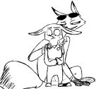  2020 anthro black_and_white blush bodily_fluids canid canine clothed clothing disney duo eyewear fox fully_clothed fur grin judy_hopps lagomorph leporid mammal monochrome nick_wilde rabbit red_fox simple_background sitting smile standing sunglasses sweat sweatdrop the_weaver white_background zootopia 