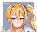  1girl artist_name blonde_hair blue_background blue_eyes blush eyebrows_visible_through_hair hair_between_eyes hair_ribbon hayasaka_ai highres jewelry kaguya-sama_wa_kokurasetai_~tensai-tachi_no_renai_zunousen~ long_hair looking_at_viewer nail_polish necklace ponytail ribbon shirt shogun_(a96040021) solo_focus white_shirt 