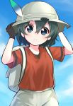  1girl adjusting_clothes adjusting_hat backpack bag black_gloves black_hair blue_eyes blue_sky blush closed_mouth cloud commentary_request day gloves hair_between_eyes hand_on_headwear hat hat_feather helmet highres kaban_(kemono_friends) kemono_friends looking_at_viewer pith_helmet red_shirt shirt short_hair shorts sky smile solo usagi_koushaku wavy_hair 