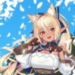  1girl animal_ear_fluff animal_ears black_gloves blonde_hair blue_dress blue_sky blush bow breasts cat_ears center_opening cleavage commentary dark_skin day dress eyebrows_visible_through_hair fingerless_gloves gloves hair_between_eyes hair_bow highres hololive kemonomimi_mode large_breasts long_hair looking_at_viewer multicolored_hair open_mouth oshiruko_(oshiruco_212048) outdoors paw_pose pointy_ears ponytail red_eyes shiranui_flare shoulder_cutout sky smile solo streaked_hair tassel two-tone_hair upper_body virtual_youtuber white_hair wide_sleeves 