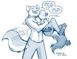  2020 abs anthro barefoot blue_and_white brutus_(twokinds) canid canine canis chest_tuft clothed clothing conditional_dnp dialogue digitigrade duo english_text eyes_closed fox gloves_(marking) happy hug keidran larger_male leg_markings male mammal markings mike_(twokinds) monochrome muscular muscular_male navel open_mouth pain pawpads shoulder_tuft simple_background size_difference sketch smaller_male smile socks_(marking) tailwag text tom_fischbach topless tuft twokinds webcomic white_background wolf 