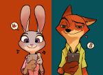  2016 anthro blue_background blush canid canine cellphone clothed clothing disney duo female fox fur green_eyes grey_body grey_fur holding_cellphone holding_object holding_phone judy_hopps lagomorph leporid mammal necktie nick_wilde orange_background orange_body orange_fur phone purple_eyes rabbit red_fox shirt simple_background smile texting topwear zootopia 