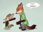 2020 4:3 anthro baseball_bat bat_(object) bottomwear canid canine clothed clothing crouching dialogue disney duo english_text fennec finnick fox fully_clothed fur holding_object lobowupp male mammal necktie nick_wilde open_mouth open_smile orange_body orange_fur pants red_fox shirt signature simple_background smile speech_bubble standing tan_body tan_fur text topwear zootopia 