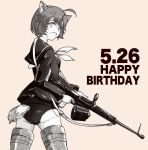 1girl :d ahoge animal_ears ass bangs beige_background blouse brave_witches commentary crotch_seam dated dog_ears dog_tail english_text from_behind greyscale gun happy_birthday holding holding_gun holding_weapon karibuchi_hikari long_sleeves looking_at_viewer looking_back machine_gun monochrome neckerchief open_mouth partially_colored sailor sailor_collar short_hair smile solo striker_unit swimsuit swimsuit_under_clothes tail type_99_light_machine_gun weapon world_witches_series yumemitsuki_(hagakure) 