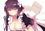  1girl azur_lane bangs black_dress black_hair blue_eyes blush breasts cleavage closed_mouth commentary_request dress eyebrows_visible_through_hair glasgow_(azur_lane) hair_ribbon highres large_breasts long_hair looking_at_viewer low_twintails maid maid_headdress puffy_sleeves ribbon short_sleeves suwakana twintails wrist_cuffs 
