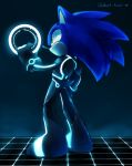  1boy alternate_costume animal_ears artist_name blue_background blue_hair blue_theme bodysuit chakram closed_mouth commentary english_commentary from_behind full_body furry gloves glowing green_eyes hand_up heart holding long_hair male_focus neon_trim sideways_mouth solo sonic sonic_the_hedgehog spacecolonie standing tail tron tumblr_username weapon 