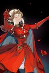  1girl black_background breasts buttons cape closed_eyes closed_mouth commentary_request crown crying double_bun dress edelgard_von_hresvelg elbow_gloves fake_horns fire_emblem fire_emblem:_three_houses flower gloves hair_bun highres horned_headwear horns jewelry lips long_sleeves medium_breasts misu_kasumi multicolored multicolored_cape multicolored_clothes petals red_cape red_dress red_flower red_gloves red_rose rose rose_petals short_hair solo tears tied_hair white_cape white_hair 