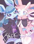  &lt;3 :3 accessory anthro arms_above_head black_clothing black_ribbon black_sweater black_topwear blue_hair blue_sclera blush bottomless censored chromatic_aberration clothed clothing drawstring dress ear_piercing eeveelution english_text fangs female female_focus gesture glaceon gradient gradient_background hair hair_accessory hand_up happy hood hoodie ineffective_censorship japanese_text lightning_bolt long_hair looking_at_viewer mammal middle_finger nintendo paws personification piercing pink_clothing pink_dress pink_hair pok&eacute;mon pok&eacute;mon_(species) portrait profanity pyon_ko ribbons short_dress short_hair simple_background smile standing sweater sylveon text three-quarter_portrait tongue tongue_out tongue_piercing topwear translation_request unusual_pupils video_games white_eyes 