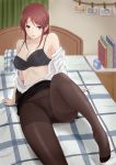  1mm_(norizo) :o arm_support bangs black_bra black_legwear black_panties black_skirt blanket blush book bra breasts cleavage clock collarbone curtains floral_print highres idolmaster idolmaster_cinderella_girls knee_up light_blush looking_at_viewer medium_breasts mifune_miyu on_bed open_clothes open_mouth open_shirt panties panties_under_pantyhose pantyhose photo_(object) pillow red_eyes red_hair see-through shirt sidelocks sitting sitting_on_bed skirt skirt_lift underwear white_shirt 