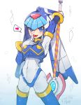  1girl android armpits blue_eyes blush bodysuit breasts capcom covered_navel finger_licking heart helmet holding holding_weapon leviathan_(rockman) licking polearm rockman rockman_zero sakuraba_(kirsche_x) signature smile solo spear spoken_heart tongue tongue_out underwater weapon 