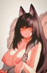  1girl ahri animal_ear_fluff animal_ears black_hair breasts breasts_outside closed_mouth collarbone extra_tails eyebrows_visible_through_hair facial_mark fox_ears fox_tail hair_between_eyes highres kitsune league_of_legends long_hair nipples orange_eyes solo sunchip tail upper_body whisker_markings 