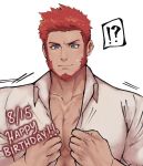  !? 1boy beard blue_eyes brown_hair bursting_pecs chest collar facial_hair fate/grand_order fate_(series) goatee happy_birthday izukuxo male_focus muscle napoleon_bonaparte_(fate/grand_order) open_clothes open_shirt pectorals scar sideburns simple_background solo unbuttoned 