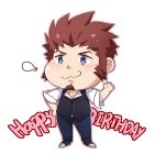  1boy :3 blue_eyes brown_hair chibi facial_hair fate/grand_order fate_(series) full_body goatee happy_birthday highres kqq8 male_focus napoleon_bonaparte_(fate/grand_order) open_clothes open_shirt pants sideburns smile solo unbuttoned waving white_background 