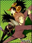  2boys back-to-back bakuman barefoot black_gloves black_hair brown_eyes brown_hair brown_headwear copyright_name crow_(bakuman) feather-trimmed_gloves feather_trim feathers fingernails fleur-de-lis gloves hair_between_eyes headgear highres holding holding_pen holding_sword holding_weapon male_focus multiple_boys niizuma_eiji parted_lips patterned patterned_background pen pose red_eyes smile spiked_hair standing striped sword teeth weapon 