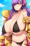  1girl bikini black_bikini breasts claw_(weapon) curvy eyebrows_visible_through_hair fate/extra fate/extra_ccc fate/grand_order fate_(series) gigantic_breasts hair_ribbon highres looking_at_viewer passionlip pink_eyes pink_ribbon plump purple_hair ribbon smile solo swimsuit tsukasawa_takamatsu upper_body weapon 