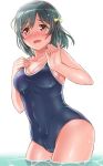  1girl bangs bare_shoulders black_hair blue_swimsuit blush breasts brown_eyes cleavage collarbone commentary_request competition_school_swimsuit contrapposto covered_navel cowboy_shot embarrassed eyebrows_visible_through_hair eyelashes fang fingers furrowed_eyebrows gonta_(gshoutai) hair_ribbon hand_on_own_chest highres looking_at_viewer love_live! love_live!_school_idol_festival_all_stars medium_breasts mifune_shioriko one-piece_swimsuit open_mouth perfect_dream_project ribbon ribs school_swimsuit short_hair sideboob solo spaghetti_strap swimsuit wading water wet wet_hair wide_hips yellow_ribbon 