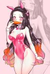  1girl absurdres animal_ears black_hair bow bowtie breasts bunny_ears bunny_girl bunnysuit carrot cowboy_shot detached_collar english_commentary gradient_hair highres kamado_nezuko kimetsu_no_yaiba leotard long_hair looking_at_viewer medium_breasts mouth_hold multicolored_hair necrotenshi pink_background pink_eyes pink_leotard pink_neckwear simple_background solo standing strapless strapless_leotard very_long_hair wrist_cuffs zoom_layer 