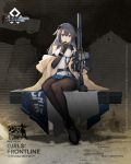  1girl artist_request bangs bare_shoulders black_footwear black_gloves black_hair black_legwear blue_eyes blue_hairband blue_skirt breasts character_name detached_sleeves girls_frontline gloves gun hair_flaps hair_ornament hairband highres holding holding_gun holding_weapon long_hair medium_breasts mod3_(girls_frontline) mole mole_under_eye official_art open_mouth pantyhose pleated_skirt sitting skirt solo super_sass super_sass_(girls_frontline) weapon 