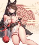  1girl :o absurdres amagi_(azur_lane) amagi_(wending_waters_serene_lotus)_(azur_lane) animal_ears arm_support azur_lane bare_shoulders barefoot bikini black_hair breasts choker cleavage fox_ears gei_daipf hair_ornament highres large_breasts long_hair looking_at_viewer makeup obi purple_eyes revision sash see-through sitting solo swimsuit swimsuit_tug thigh_strap thighs very_long_hair white_bikini 