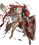  1girl armor armored_boots axe battle_axe black_legwear blue_eyes boots breastplate cape closed_mouth crown cuboon edelgard_von_hresvelg feather_trim feathers fire_emblem fire_emblem:_three_houses fire_emblem_heroes full_body gauntlets hair_ornament highres holding holding_weapon lips looking_at_viewer official_art pantyhose red_cape shield silver_hair solo transparent_background weapon 