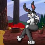  1:1 3_toes 4_fingers absurd_res animal_humanoid anthro breasts bugs_bunny crossed_legs feet female fingers forest_background genderbending hi_res hindpaw humanoid lagomorph lagomorph_humanoid lemon_andy leporid log looney_tunes mammal mammal_humanoid naturally_censored paws rabbit sitting solo toes warner_brothers waving_at_viewer wood 