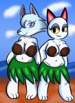  animal_crossing anthro arctic_wolf beach beauty_mark big_breasts blue_eyes breasts canid canine canis cleavage clothed clothing coconut coconut_bra domestic_cat drupe_(fruit) eyeshadow felid feline felis female food fruit fur grass_skirt hand_on_hip hi_res looking_at_viewer makeup mammal narrowed_eyes nintendo olivia_(animal_crossing) plant seaside smile someth1ngoranother standing thick_thighs video_games white_body white_fur whitney_(animal_crossing) wide_hips wolf 