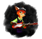  anthro black_nose canid canine clothed clothing disney fox fur green_eyes guitar hat headgear headwear hi_res holding_object inner_ear_fluff mammal musical_instrument nick_wilde orange_body orange_fur plucked_string_instrument red_fox shirt smile solo string_instrument tan_body tan_fur theblueberrycarrots topwear tuft zootopia 