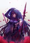  1girl arm_up bodysuit breasts fate/grand_order fate_(series) gae_bolg highres hiro_(hirohiro_gorira) large_breasts leotard long_hair parted_lips polearm purple_bodysuit purple_hair purple_leotard red_eyes scathach_(fate)_(all) scathach_(fate/grand_order) solo spear torn_bodysuit torn_clothes veil weapon 