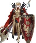  1girl armor armored_boots axe battle_axe black_legwear blue_eyes boots breastplate cape closed_mouth crown cuboon edelgard_von_hresvelg feather_trim feathers fire_emblem fire_emblem:_three_houses fire_emblem_heroes full_body gauntlets hair_ornament highres holding holding_weapon lips looking_at_viewer official_art pantyhose red_cape shield silver_hair solo transparent_background weapon 