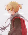  1boy bag black_jacket blonde_hair cable commentary earphones from_side grey_scarf hand_in_pocket jacket kagamine_len male_focus mi_no_take red_backpack scarf school_bag short_ponytail vocaloid 