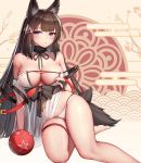  1girl :o absurdres amagi_(azur_lane) amagi_(wending_waters_serene_lotus)_(azur_lane) animal_ears arm_support azur_lane bare_shoulders barefoot bikini black_hair breasts choker cleavage fox_ears gei_daipf hair_ornament highres large_breasts long_hair looking_at_viewer makeup obi purple_eyes sash see-through sitting solo swimsuit swimsuit_tug thigh_strap thighs very_long_hair white_bikini 