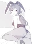  1girl animal_ears ass bare_shoulders blush breasts bunny_ears bunny_tail bunnysuit closed_mouth deyuuku eyebrows_visible_through_hair greyscale hair_bobbles hair_ornament looking_at_viewer love_live! love_live!_school_idol_project low_twintails monochrome smile solo tail toujou_nozomi twintails 