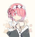  1girl :| bangs beige_background black_hairband blunt_bangs closed_mouth coffee cup detached_sleeves drink expressionless floral_background flower frilled_sleeves frills hair_flower hair_ornament hair_over_one_eye hair_ribbon hairband hands_up holding holding_cup long_sleeves looking_at_viewer melanbread no_nose parted_bangs pink_eyes pink_hair ram_(re:zero) re:zero_kara_hajimeru_isekai_seikatsu red_ribbon ribbon short_hair simple_background solo teacup upper_body wide_sleeves 