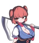  1girl absurdres blush breasts cleavage coin hair_bobbles hair_ornament hh highres large_breasts looking_at_viewer onozuka_komachi puffy_sleeves red_eyes red_hair scythe short_sleeves simple_background smile solo touhou two_side_up white_background 
