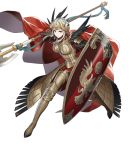  1girl armor armored_boots axe battle_axe black_legwear blue_eyes boots breastplate cape closed_mouth crown cuboon edelgard_von_hresvelg feather_trim feathers fire_emblem fire_emblem:_three_houses fire_emblem_heroes full_body gauntlets hair_ornament highres holding holding_weapon lips looking_at_viewer official_art pantyhose red_cape shield silver_hair solo transparent_background weapon 