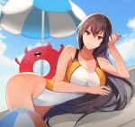  1girl beach black_hair breasts cleavage closed_mouth cloud collarbone day enemy_lifebuoy_(kantai_collection) hair_between_eyes kantai_collection kasumi_(skchkko) large_breasts light_smile long_hair looking_at_viewer multicolored multicolored_clothes multicolored_swimsuit nagato_(kantai_collection) one-piece_swimsuit parasol red_eyes shinkaisei-kan swimsuit umbrella 