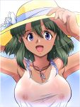  1girl :d adjusting_clothes adjusting_hat areolae armpits bare_shoulders blush breasts cleavage collarbone commentary_request covered_nipples dark_skin dress green_hair hat hat_ribbon idolmaster idolmaster_cinderella_girls jewelry large_breasts natalia_(idolmaster) necklace nipples open_mouth purple_eyes ribbon ryuu_ryuu see-through short_hair sleeveless sleeveless_dress smile solo sun_hat white_dress 